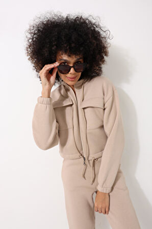 Bej Yüksek Yaka Crop Ceketli Jogger Pantolonlu Kadın Eşofman İkili Takım - 2455