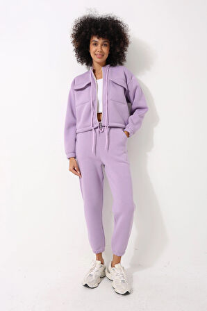 Lila Yüksek Yaka Crop Ceketli Jogger Pantolonlu Kadın Eşofman İkili Takım - 2455