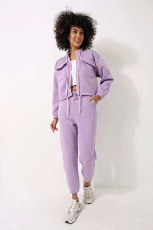 Lila Yüksek Yaka Crop Ceketli Jogger Pantolonlu Kadın Eşofman İkili Takım - 2455