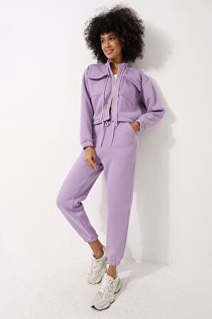 Lila Yüksek Yaka Crop Ceketli Jogger Pantolonlu Kadın Eşofman İkili Takım - 2455