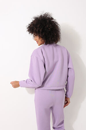 Lila Yüksek Yaka Crop Ceketli Jogger Pantolonlu Kadın Eşofman İkili Takım - 2455