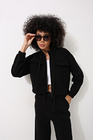 Siyah Yüksek Yaka Crop Ceketli Jogger Pantolonlu Kadın Eşofman İkili Takım - 2455