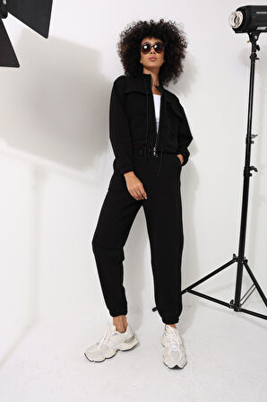 Siyah Yüksek Yaka Crop Ceketli Jogger Pantolonlu Kadın Eşofman İkili Takım - 2455