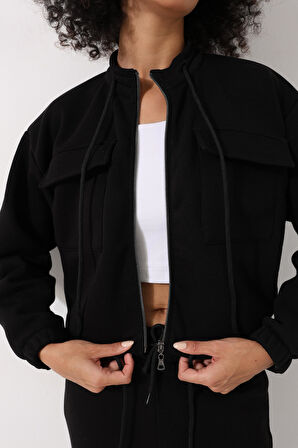 Siyah Yüksek Yaka Crop Ceketli Jogger Pantolonlu Kadın Eşofman İkili Takım - 2455