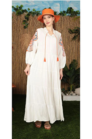 Viskon Kumaş Hakim Yaka Renkli Nakışlı Elbise Ekru