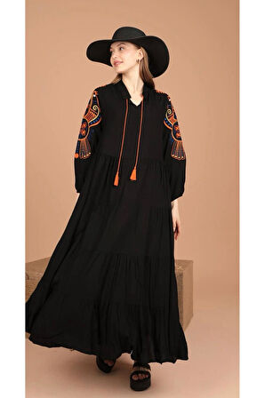 Viskon Kumaş Hakim Yaka Renkli Nakışlı Elbise Siyah