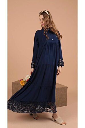 Viskon Kumaş Dantel Detaylı Elbise Lacivert