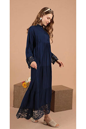 Viskon Kumaş Dantel Detaylı Elbise Lacivert