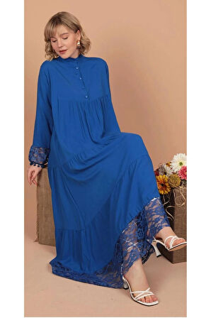 Viskon Kumaş Dantel Detaylı Elbise Saks