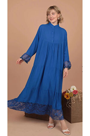 Viskon Kumaş Dantel Detaylı Elbise Saks