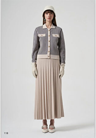 Nuss Kısa Çizgili Hırkalı Takım 1316 Bej