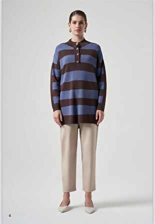 Nuss Hakim Yaka Çizgili Tunik 1212 Kahve