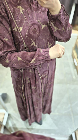 Haki Fermuarlı Jakarlı Cupro Elbise 36802 Bordo