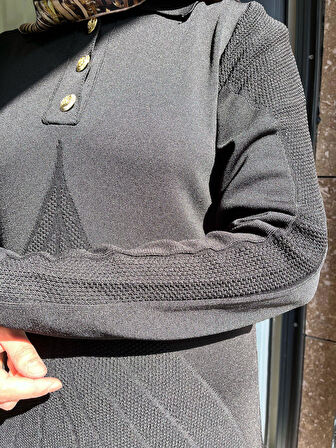 Nuss 1423 Polo Yaka Desenli Triko Elbise Siyah