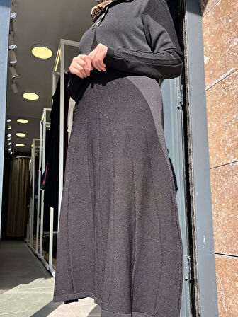 Nuss 1423 Polo Yaka Desenli Triko Elbise Siyah