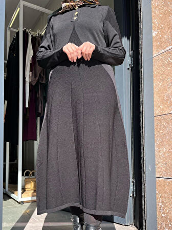 Nuss 1423 Polo Yaka Desenli Triko Elbise Siyah