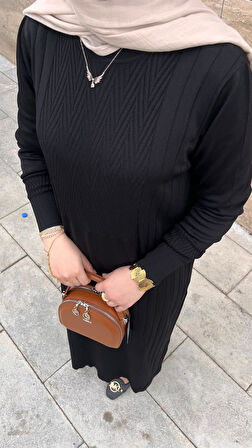 Nuss 509 Desenli Triko Elbise Siyah