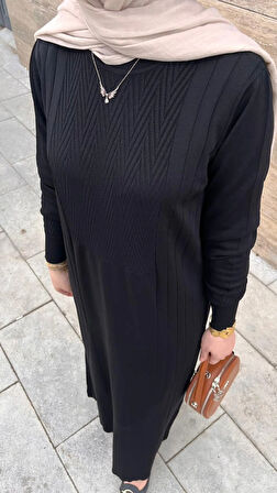 Nuss 509 Desenli Triko Elbise Siyah