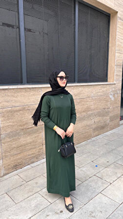 Nuss 509 Desenli Triko Elbise Zümrüt