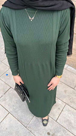 Nuss 509 Desenli Triko Elbise Zümrüt