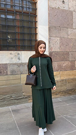 Nuss 1351 Taşlı Etekli Takım Yeşil