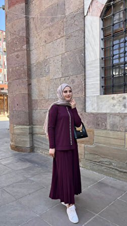 Nuss 1351 Taşlı Etekli Takım Bordo