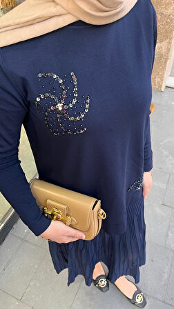 Nuss 1352 Boncuk İşlemeli Etekli Takım Lacivert