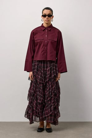 Bordo Geniş Kol Mini Gömlek