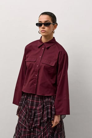 Bordo Geniş Kol Mini Gömlek