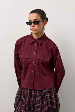 Bordo Geniş Kol Mini Gömlek