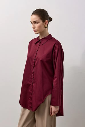 Bordo Pamuklu Arkası Pile Detaylı Regular Fit Gömlek