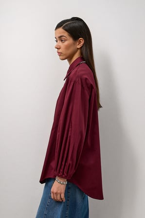 Bordo Pamuklu Balon Kol Detaylı Relaxed Fit Gömlek