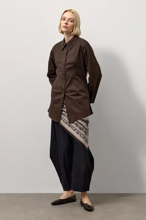 Kahverengi Pensli Fitted Poplin Gömlek