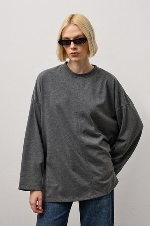 Antrasit Oversize Kesim Uzun Kollu Basic T-Shirt