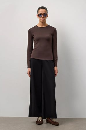 Kahverengi Basic Uzun Kollu Bisiklet Yaka Body