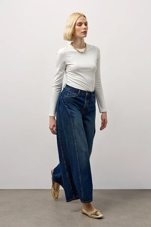 Koyu Mavi Yüksek Bel Wide Leg Jean