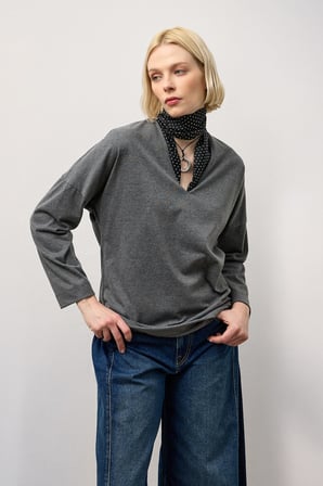 Antrasit V Yaka Uzun Kollu Basic T-Shirt