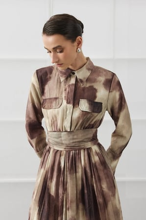 Kahverengi Batik Desen Maxi Elbise