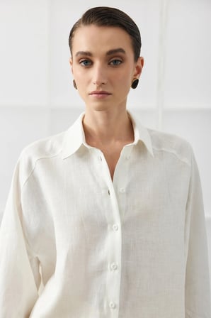 Beyaz Oversize Basic Keten Gömlek