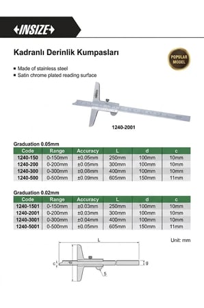 Insize 1240-150 Mekanik Derinlik Kumpası 0,05mm/150mm