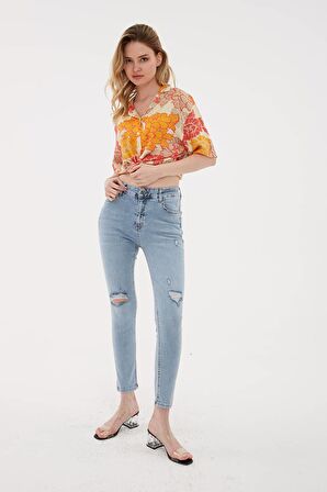 Yırtık Detaylı Denim Pantolon A.Mavi / Light Blue