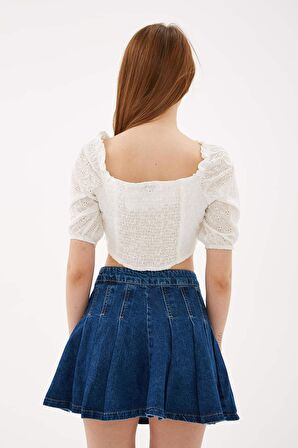 Büzgülü Crop Bluz Ekru