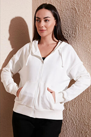 Fermuarlı Kapüşonlu Sweat Ekru