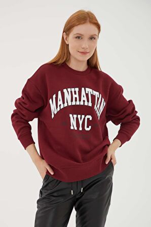 Bisiklet Yaka Baskılı Sweat Bordo