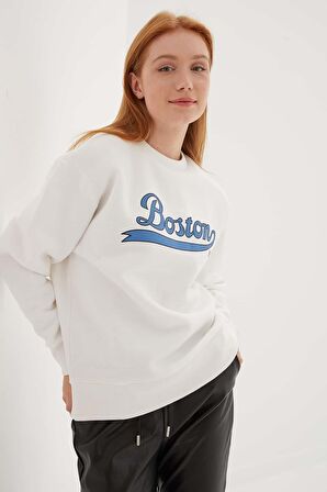Bisiklet Yaka Baskılı Sweat Ekru