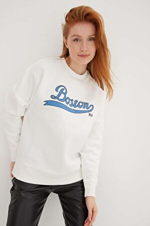 Bisiklet Yaka Baskılı Sweat Ekru