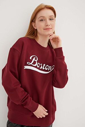 Bisiklet Yaka Baskılı Sweat Bordo