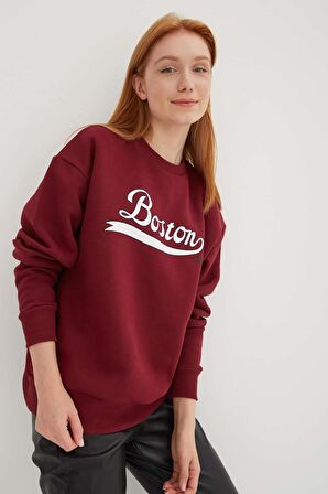 Bisiklet Yaka Baskılı Sweat Bordo