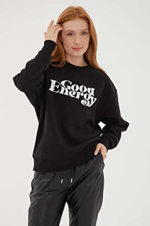 Bisiklet Yaka Baskılı Sweat Siyah