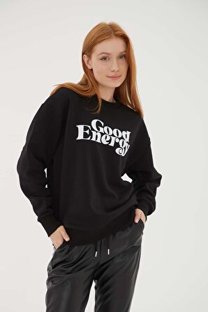 Bisiklet Yaka Baskılı Sweat Siyah